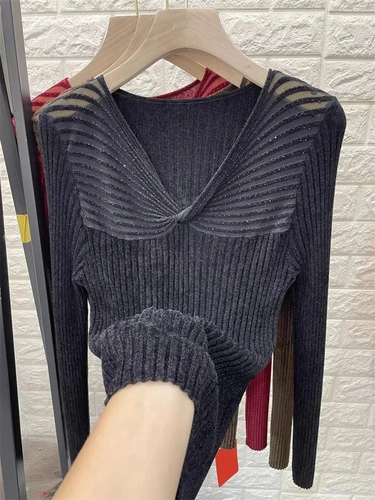 Sexy V Neck Solid Red Velvet Sweaters Korean Fashion Autumn Winter Slim Pull Femme Basics Pullovers  C-299