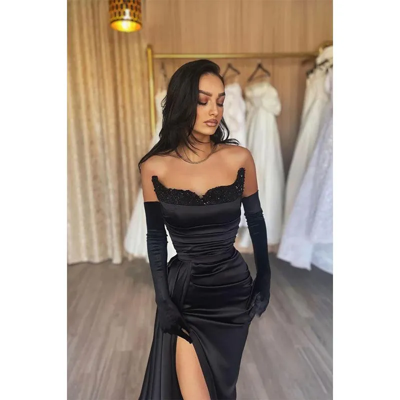 Sheath V-neck Satin Pleated Side Slit Black Long Prom Formal Dress