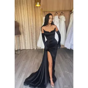 Sheath V-neck Satin Pleated Side Slit Black Long Prom Formal Dress