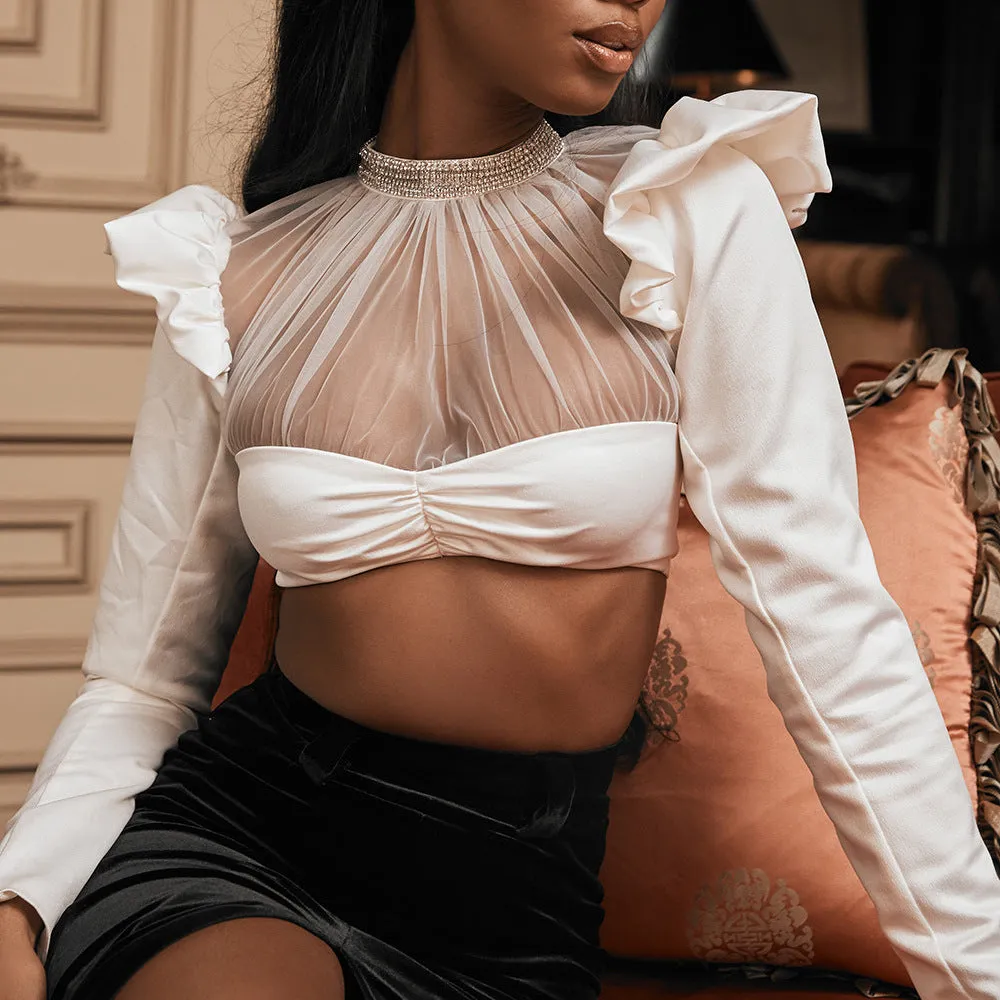 Sheer Mesh Splice Ruffle Sleeve Women Crop Top