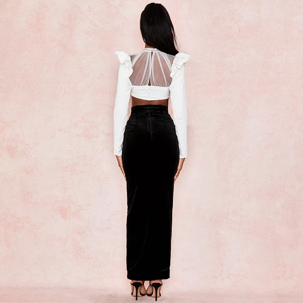 Sheer Mesh Splice Ruffle Sleeve Women Crop Top