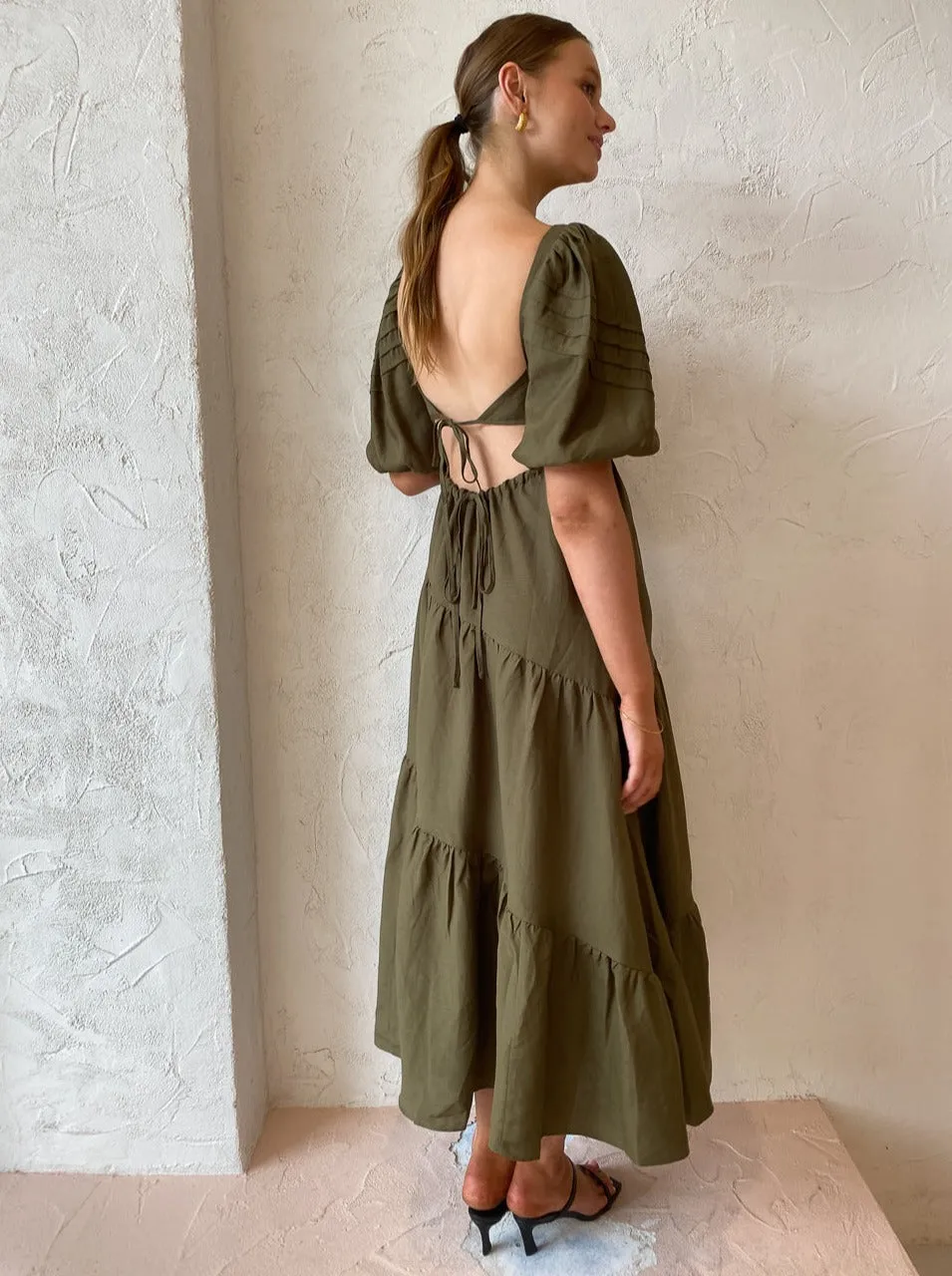 Shona Joy Juliana Short Sleeve Open Back Midi Dress in Forest