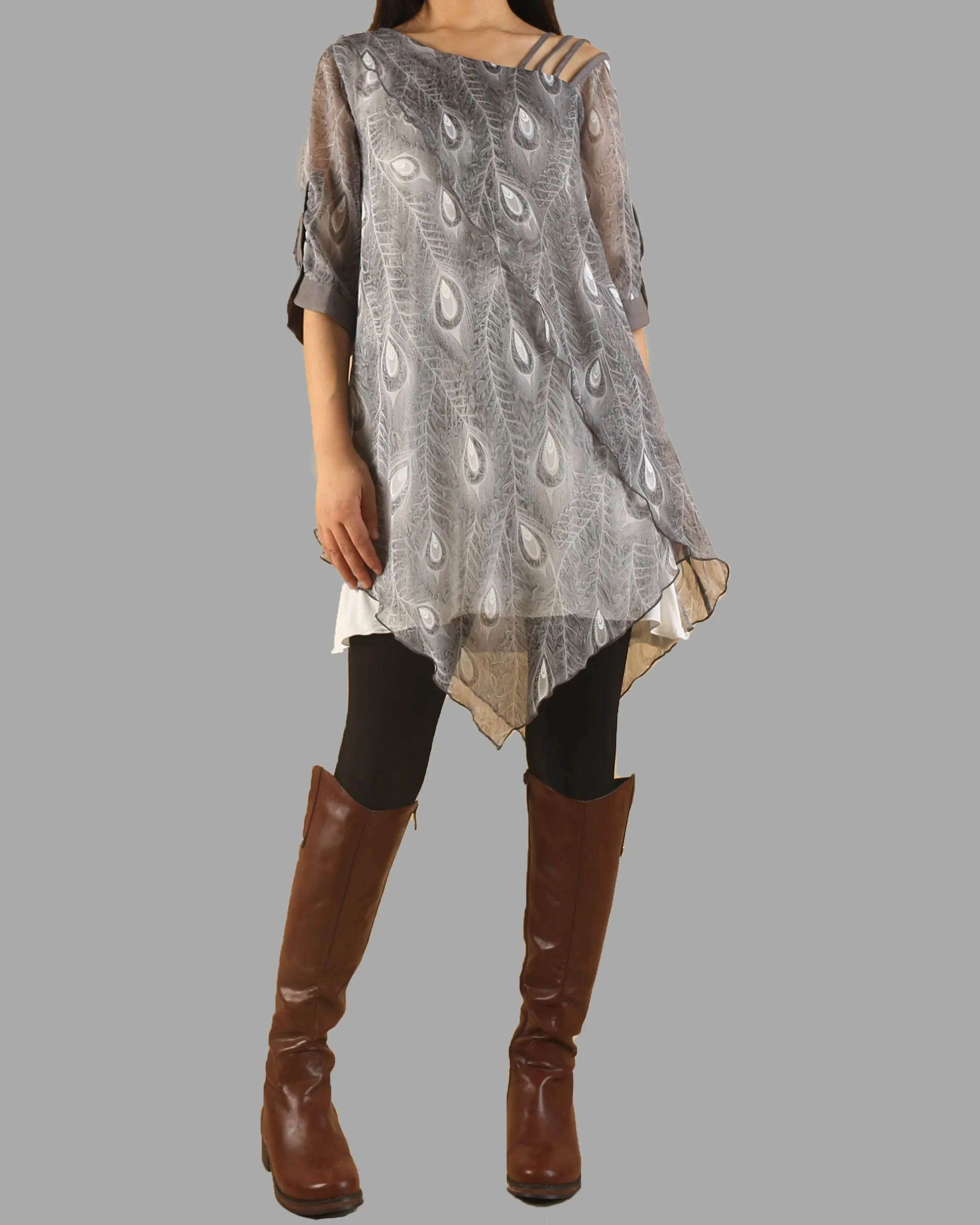 Silk dress, peacock feather printed dress, half sleeve tunic dress, modal cotton dress, summer dress, tunic top for leggings(Q1050)