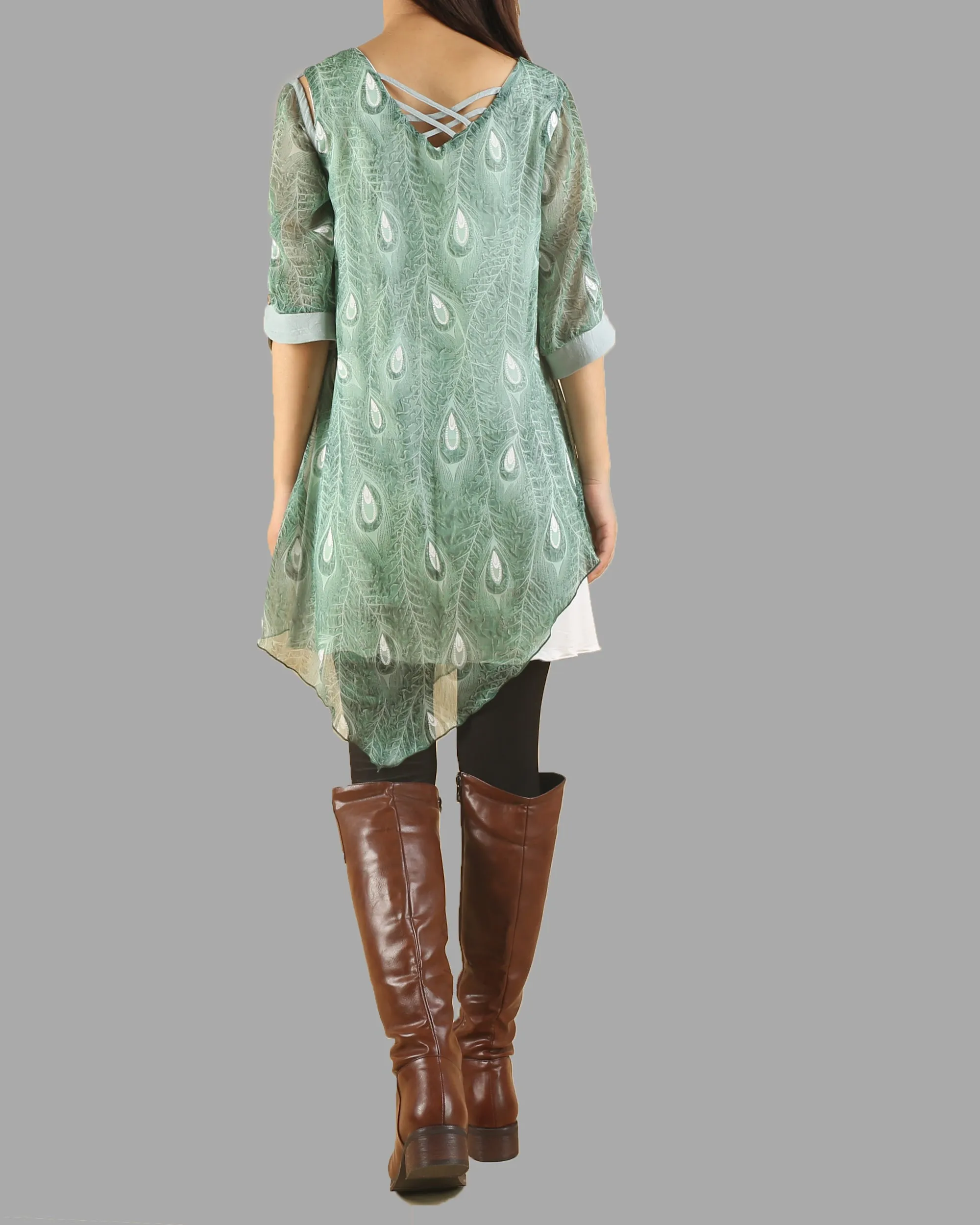 Silk dress, peacock feather printed dress, half sleeve tunic dress, modal cotton dress, summer dress, tunic top for leggings(Q1050)