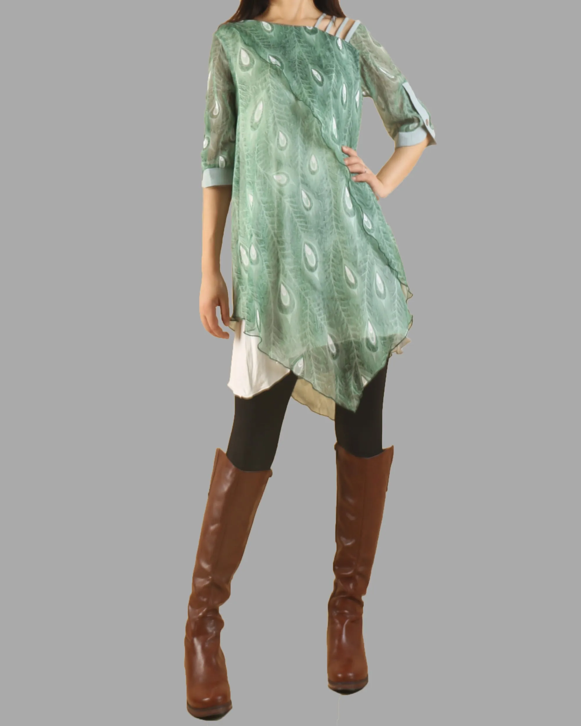 Silk dress, peacock feather printed dress, half sleeve tunic dress, modal cotton dress, summer dress, tunic top for leggings(Q1050)