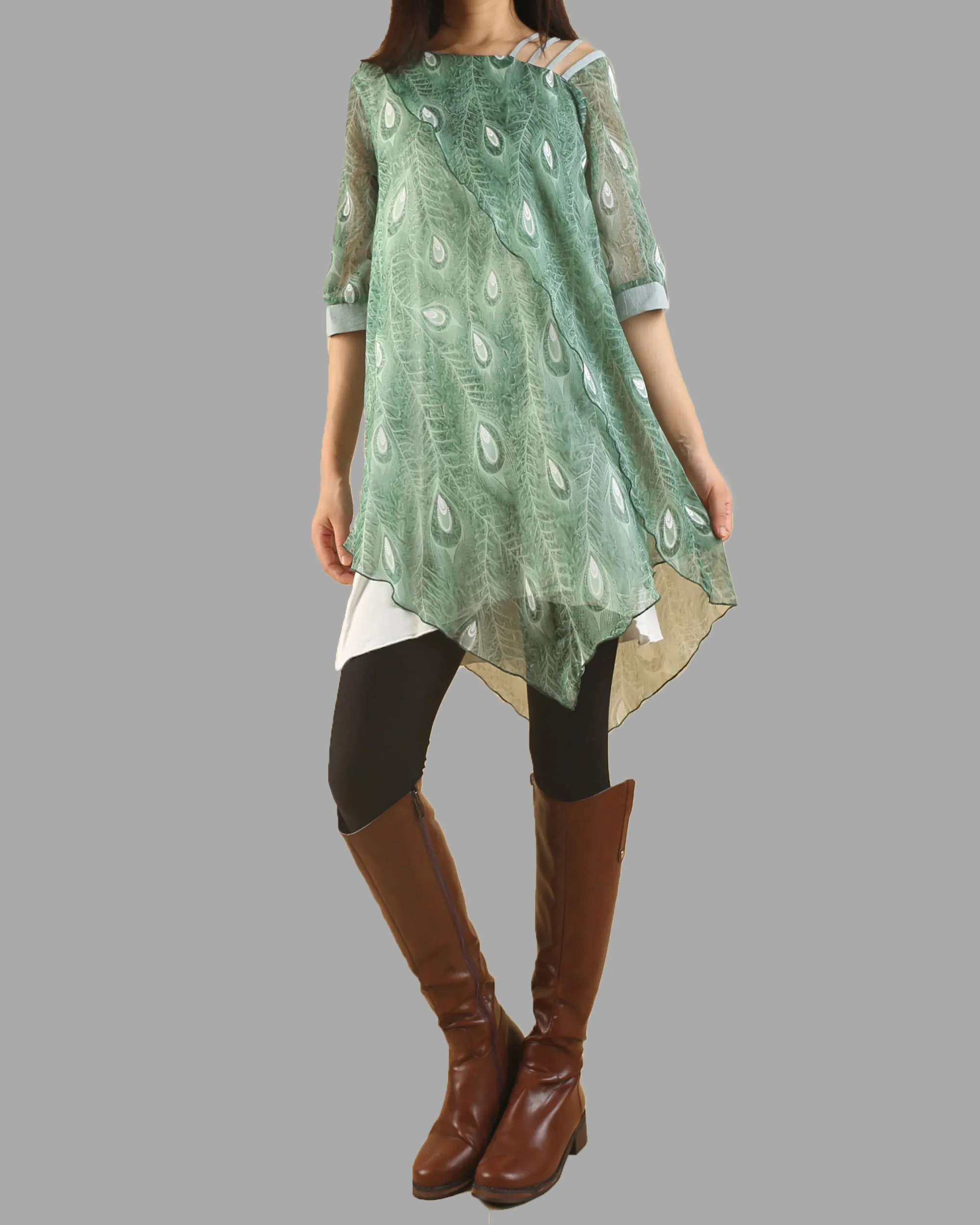 Silk dress, peacock feather printed dress, half sleeve tunic dress, modal cotton dress, summer dress, tunic top for leggings(Q1050)