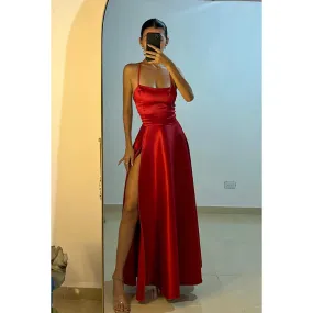 Simple & Casual A-Line Spaghetti Criss-Cross Straps Side Slit Holiday Party Prom Dress