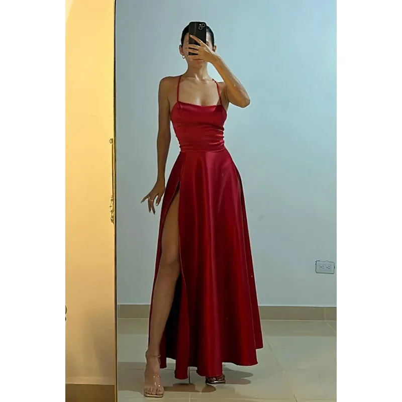 Simple & Casual A-Line Spaghetti Criss-Cross Straps Side Slit Holiday Party Prom Dress