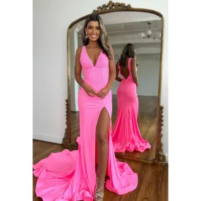 Simple & Casual V-neck Sleevless Side Slit Backless Mermaid Evening Formal Prom Dress