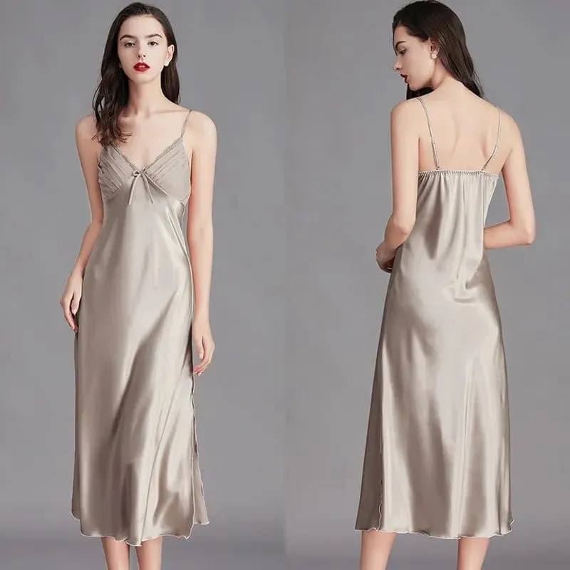 Sleeveless Satin Night Gowns with Lace Detailing - Luxurious and Elegant