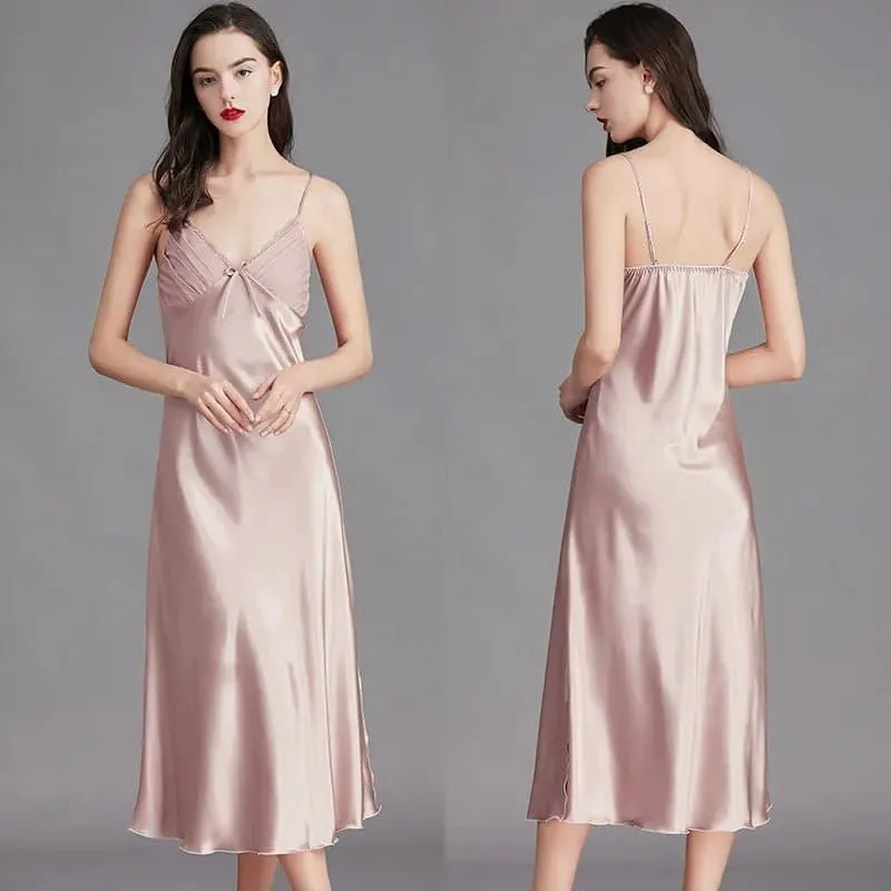 Sleeveless Satin Night Gowns with Lace Detailing - Luxurious and Elegant