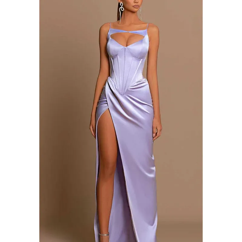 Spaghetti Straps Cut Outs Long Prom Evening Formal Dress With Slit