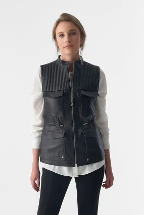 Stitch Drawstring Sleeveless Jacket, Waistcoat, Black