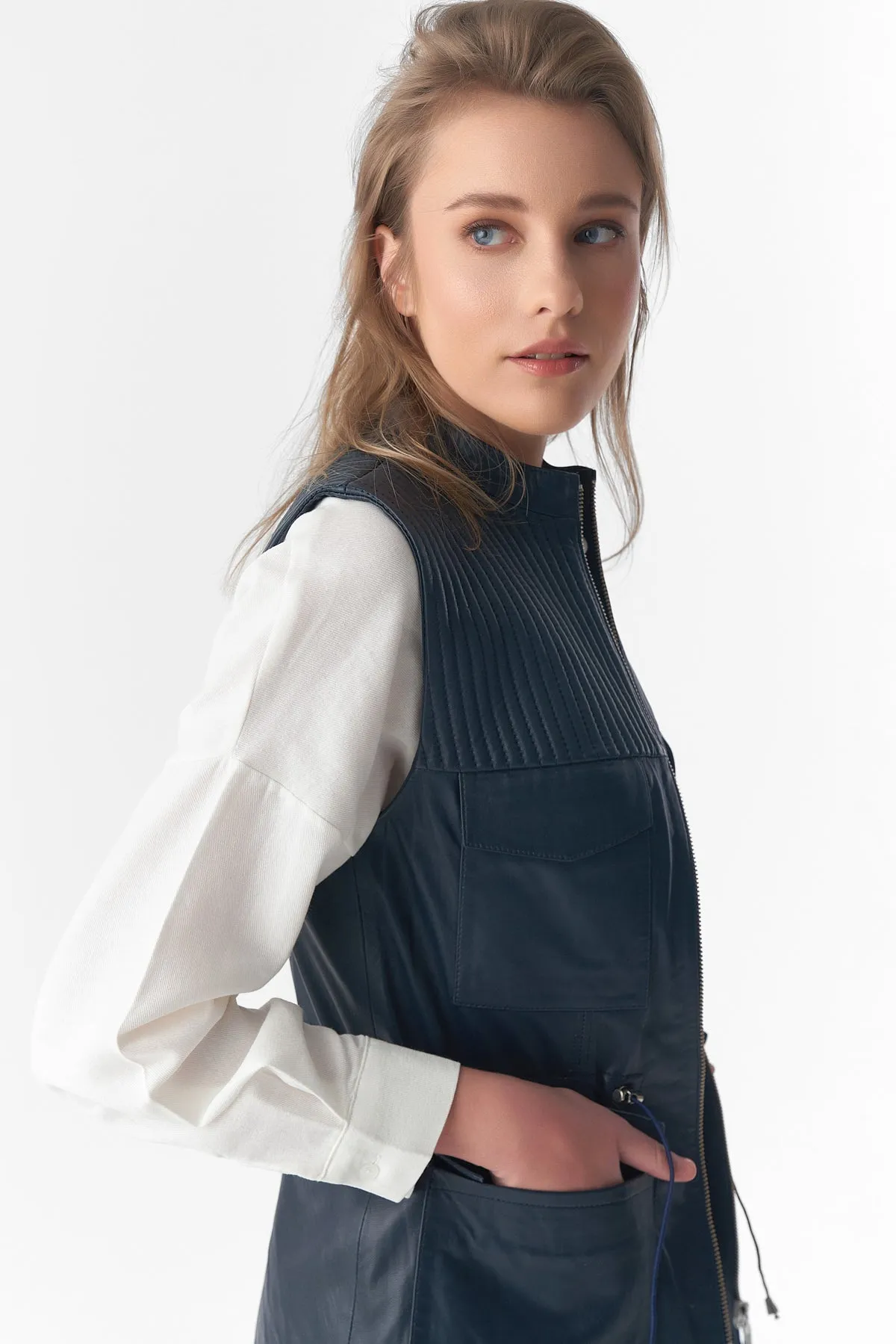 Stitch Drawstring Sleeveless Jacket, Waistcoat, Navy