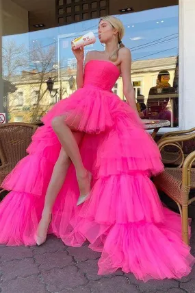 Strapless High Low Layered Hot Pink Tulle Long Prom Dress, High Low Hot Pink Formal Dress, Hot Pink Evening Dress A1543