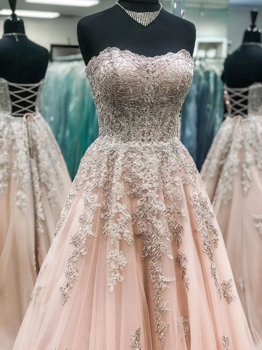 Sweetheart Neck Strapless Champagne Lace Long Prom, Champagne Lace Formal, Champagne Evening