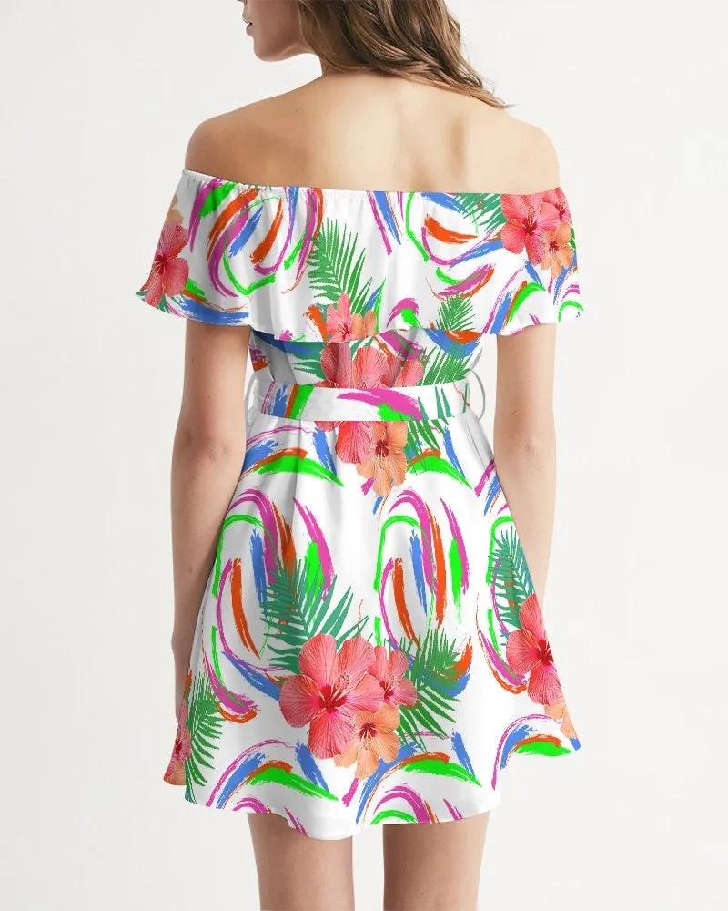 Tropical Hibiscus Off Shoulder Dress