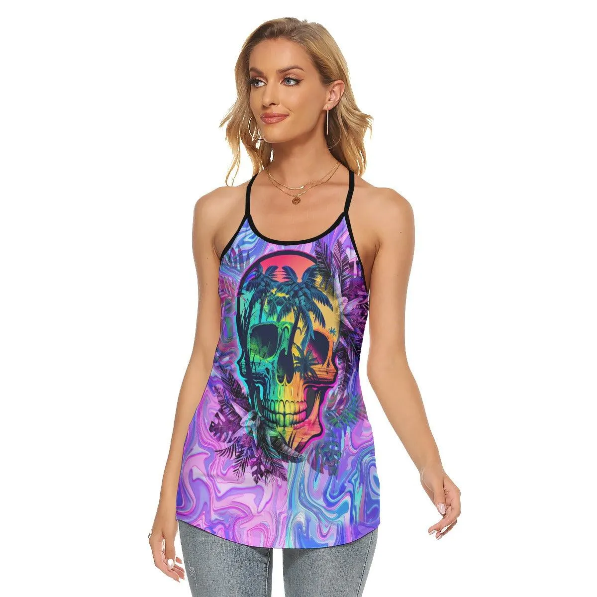 Tropical Skull Gothic 3D Criss-Cross Open Back Tank Top