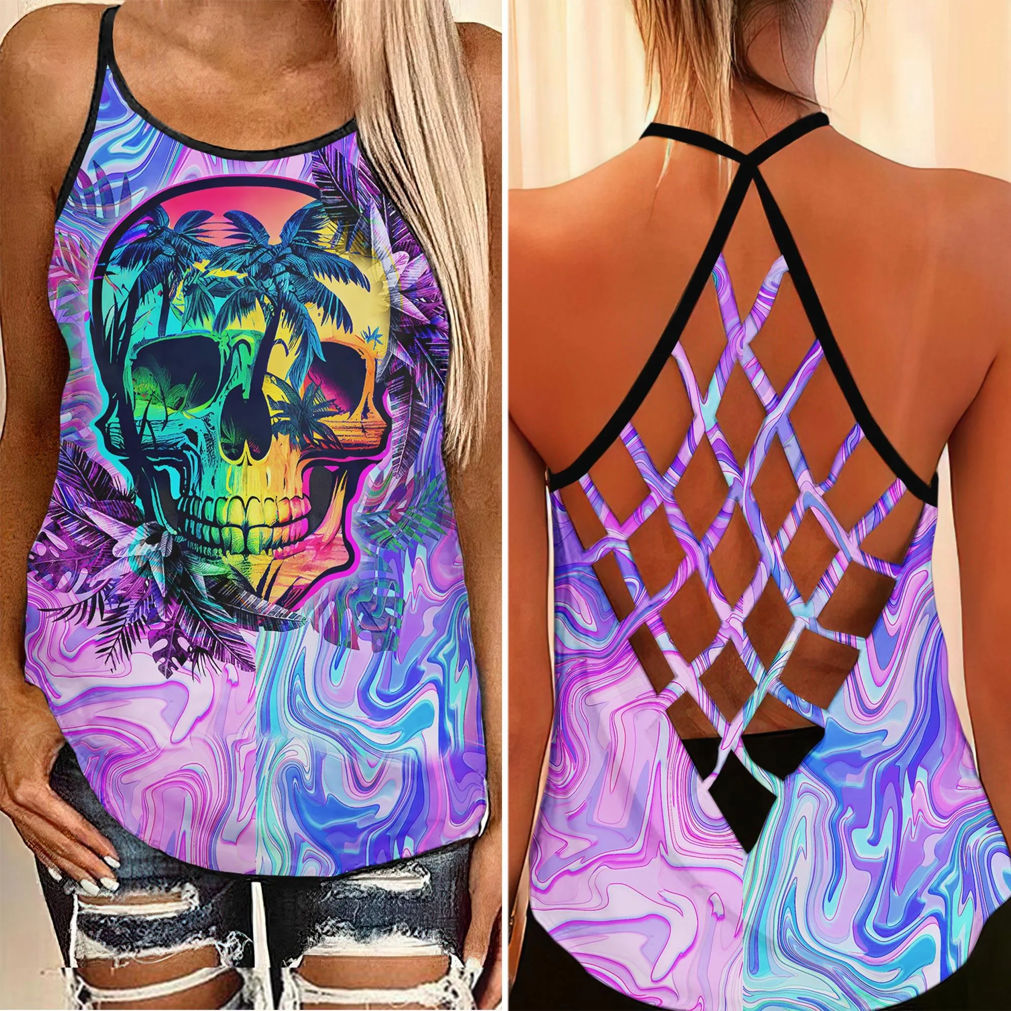 Tropical Skull Gothic 3D Criss-Cross Open Back Tank Top