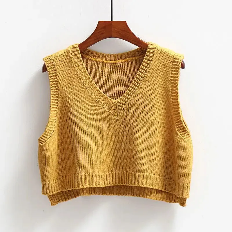 V-neck Knitted Vest Women's Retro Preppy Style Versatile Wear Solid Color Cropped Pullover Sleeveless Sweater