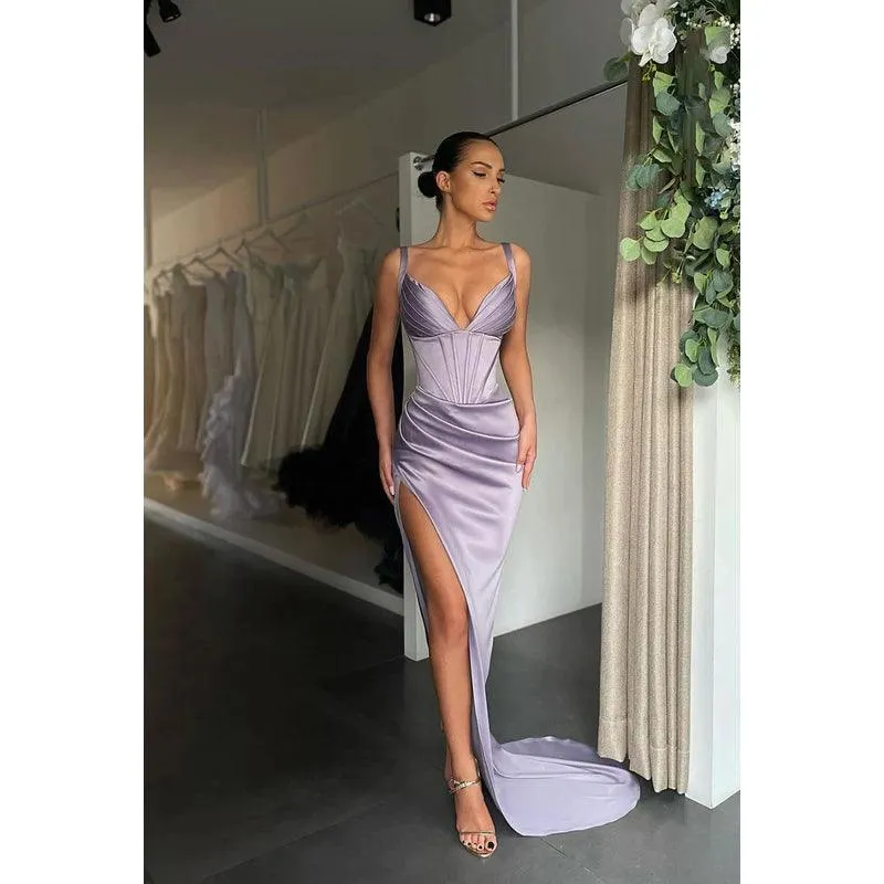 V-Neck Ruched Thigh Slit Satin Sheath Long Prom Evening Gown