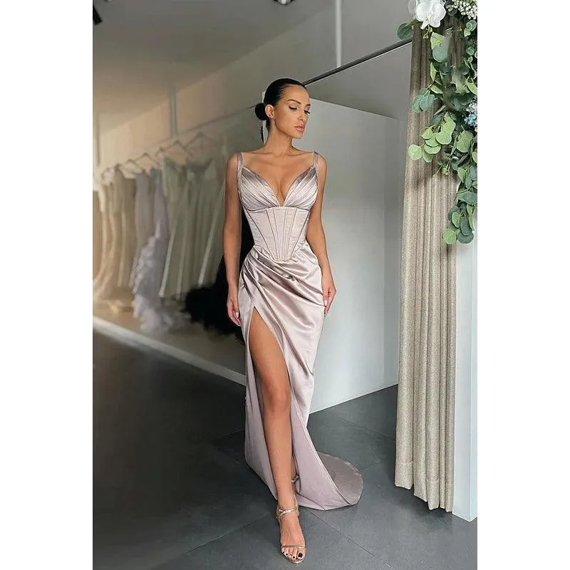 V-Neck Ruched Thigh Slit Satin Sheath Long Prom Evening Gown