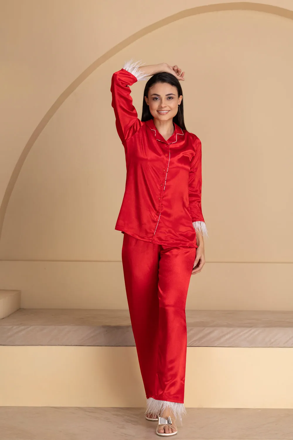 Valentine Red satin Pj set with feathers