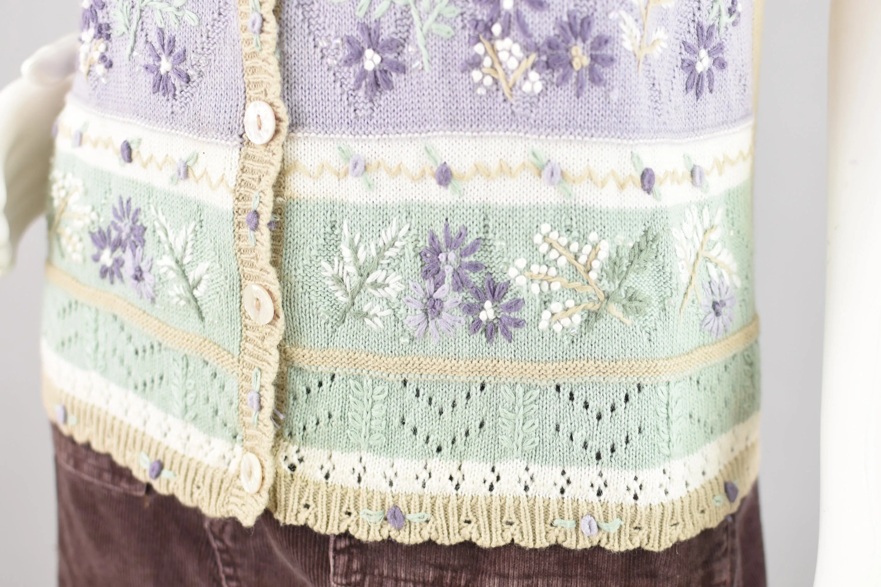 Vintage Embroidered Pastel Floral Crochet Sweater Vest, Women's Petite Medium