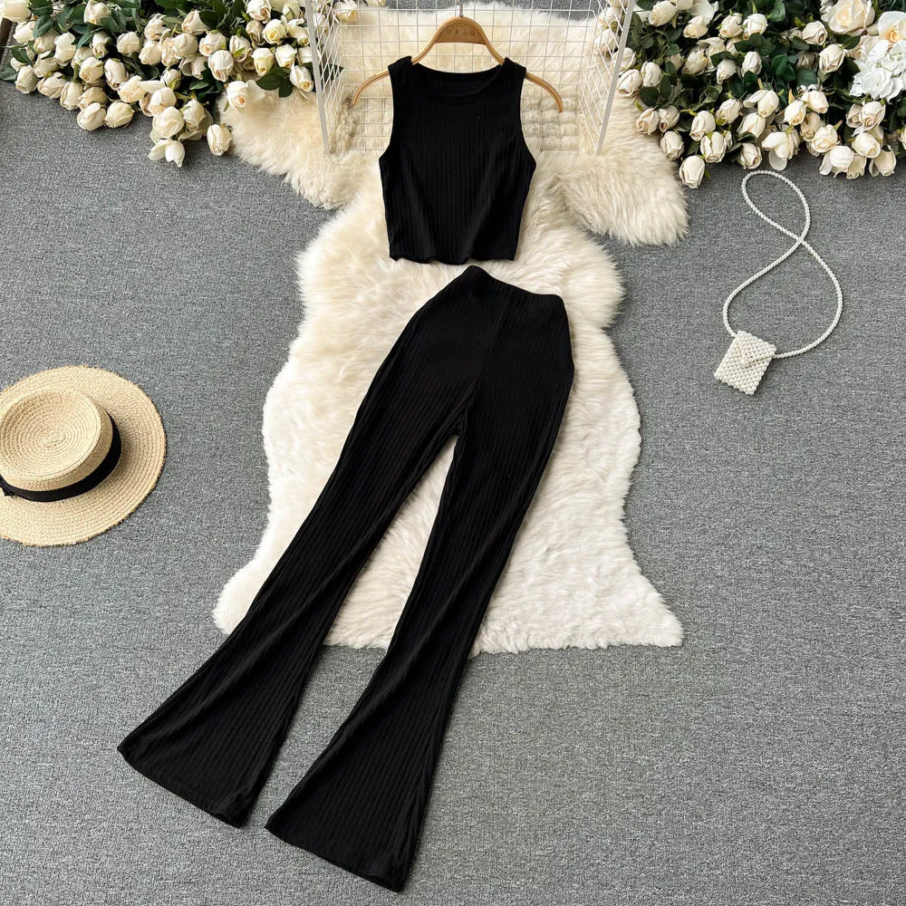 Vintage Knitted Vest&Flared Trousers 2Pcs