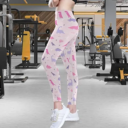 visesunny High Waist Yoga Pants with Pockets Cute Dinosaur Pink Pattern Tummy Control Workout Running Yoga Leggings for Women