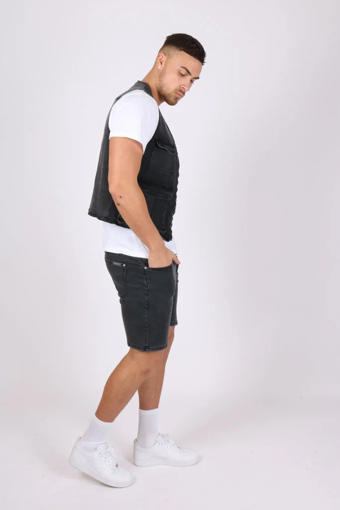 Washed Black Denim Gilet Vest