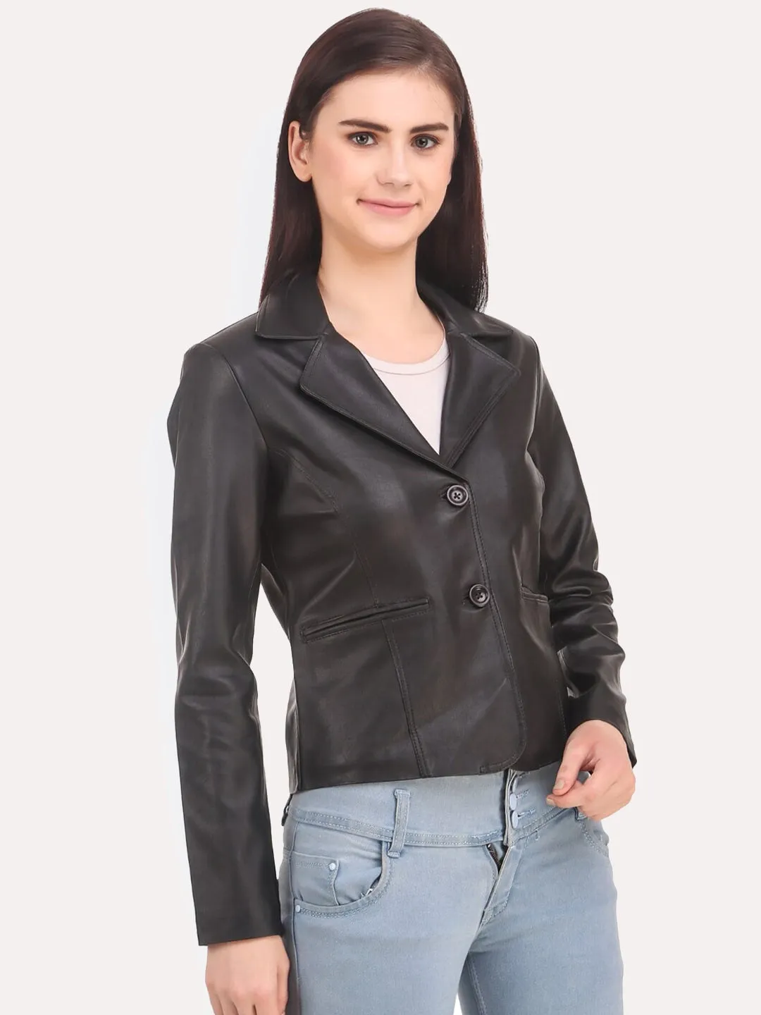 Women Black Crop Outdoor Leather Jacket | QAWACH