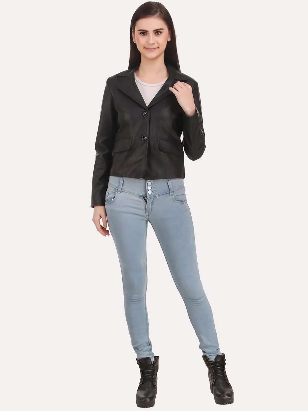 Women Black Crop Outdoor Leather Jacket | QAWACH