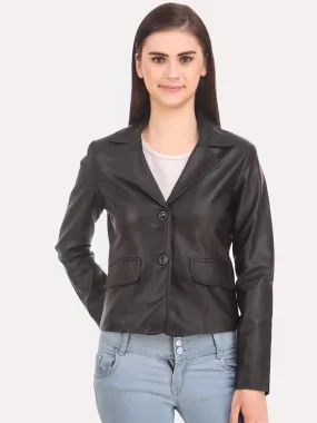 Women Black Crop Outdoor Leather Jacket | QAWACH