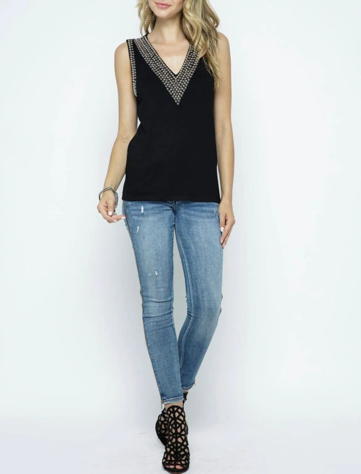 Women V-neck Bejeweled Sleeveless Top