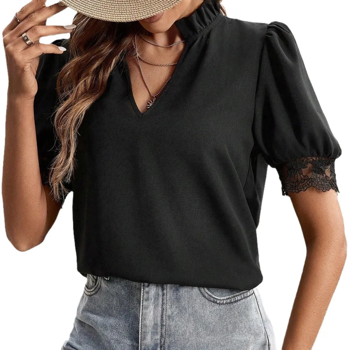 Women's Fashion V-neck Lantern Sleeve Splicing Lace Top