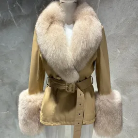 Women's Leather Coat with Fox Fur Collar