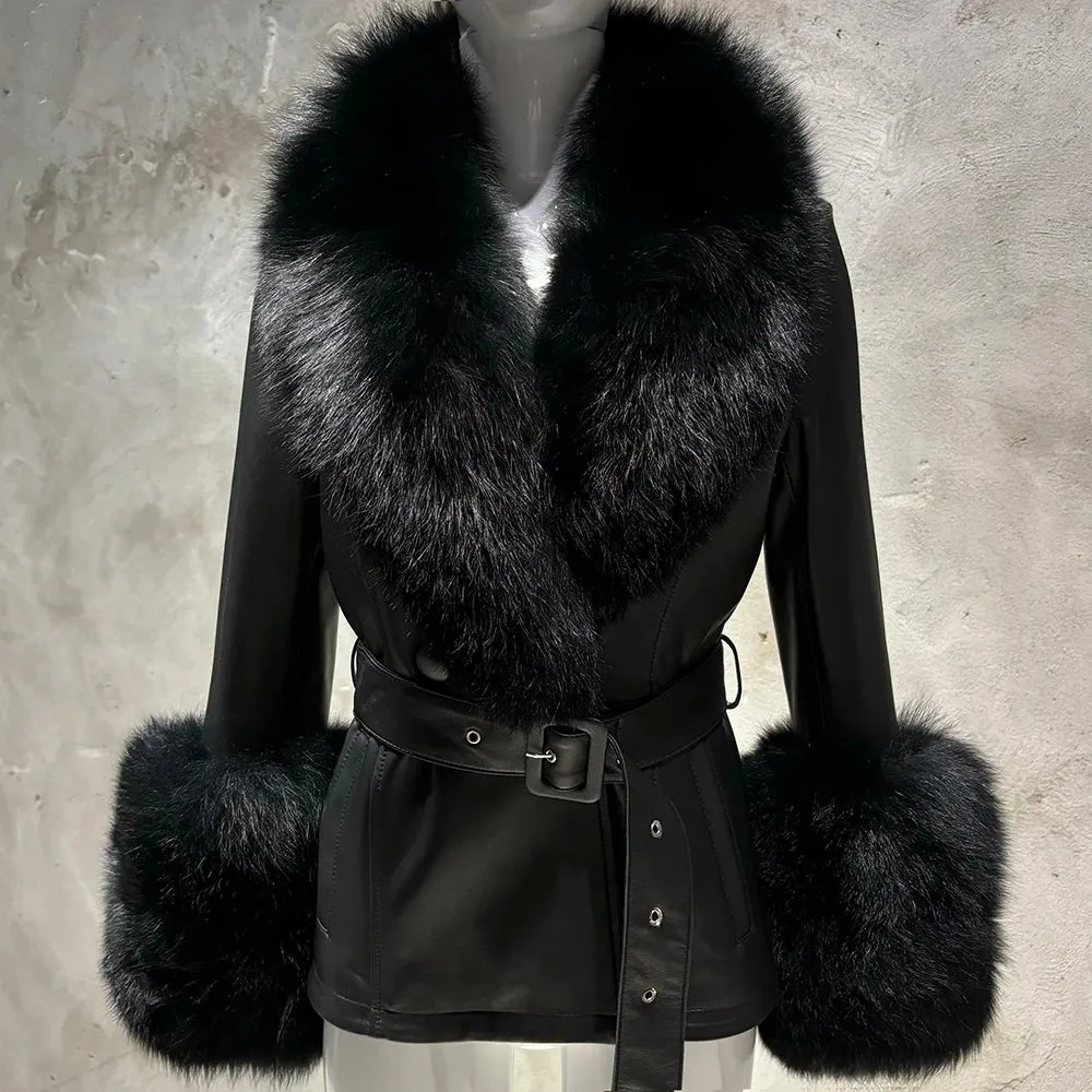 Women's Leather Coat with Fox Fur Collar