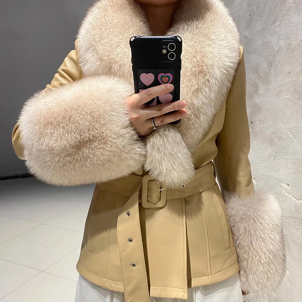 Women's Leather Coat with Fox Fur Collar