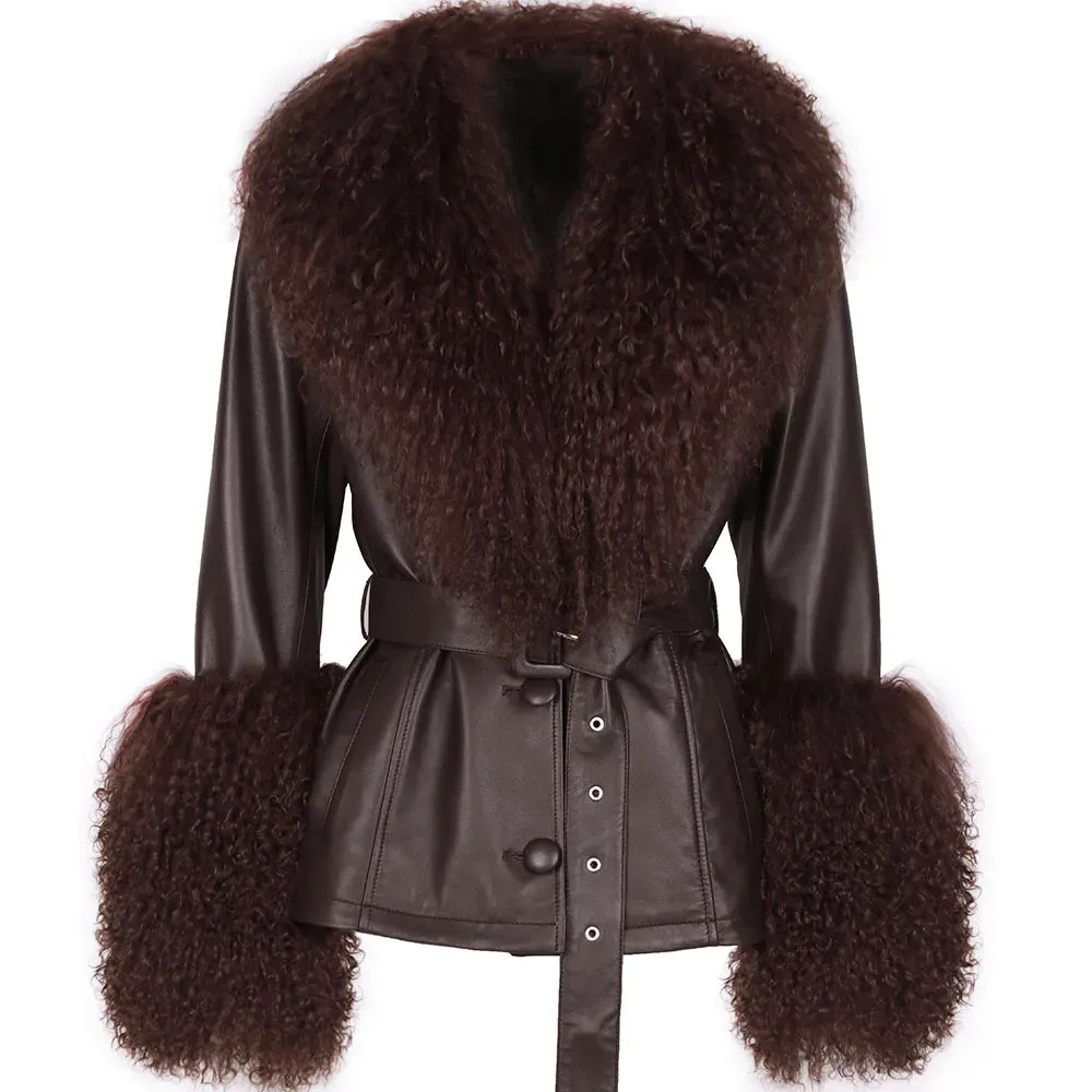 Women's Leather Coat with Fox Fur Collar