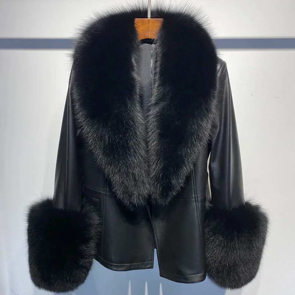 Women's Leather Coat with Fox Fur Collar