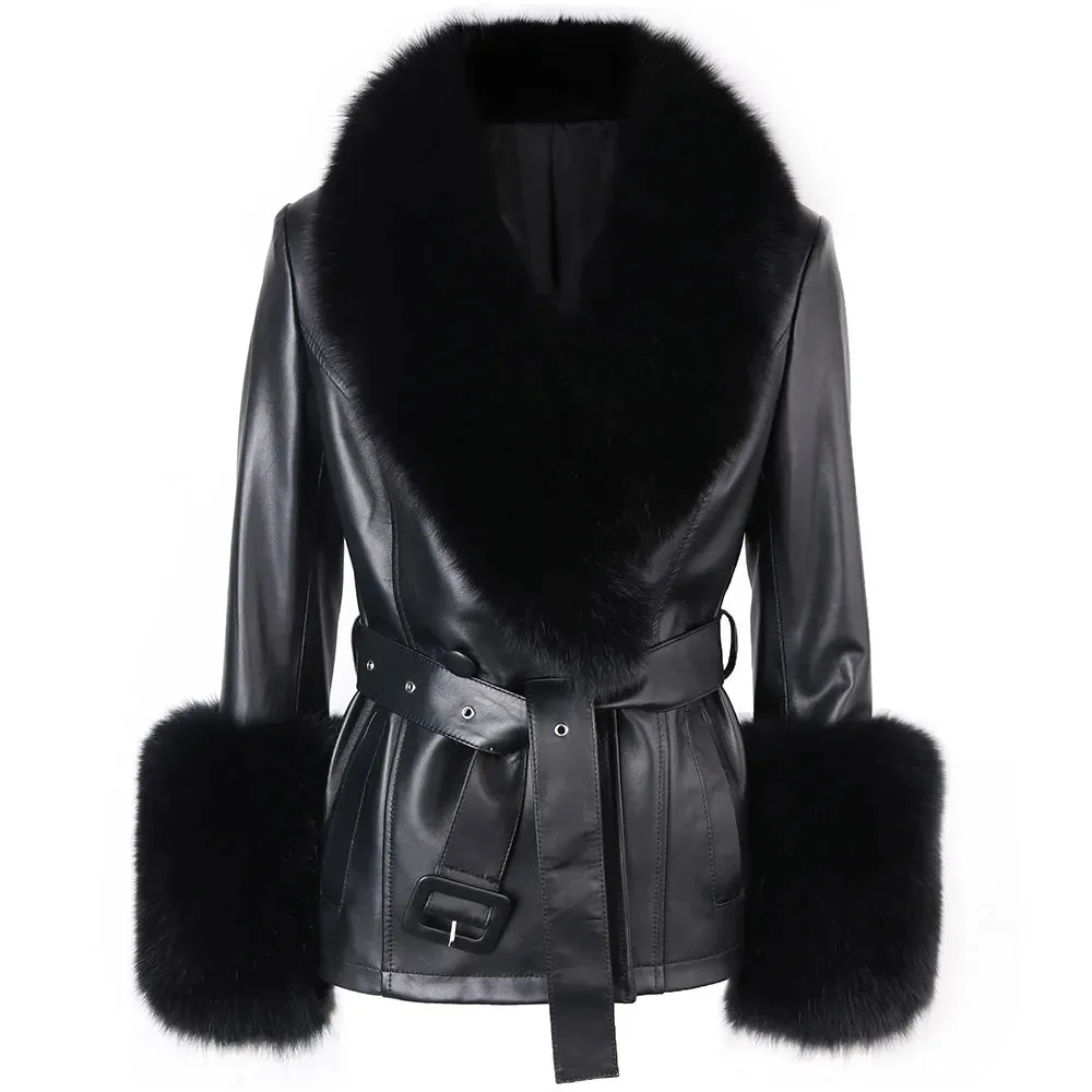 Women's Leather Coat with Fox Fur Collar