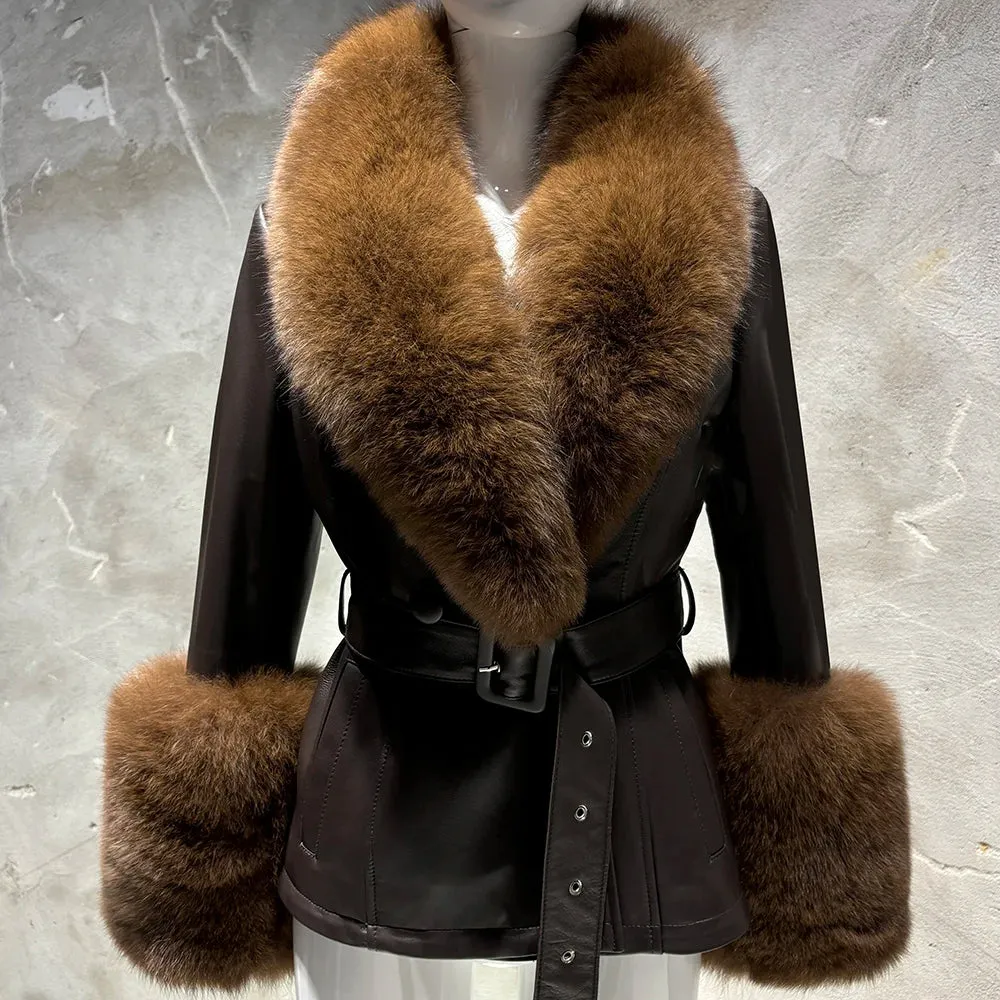 Women's Leather Coat with Fox Fur Collar