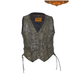 WOMENS MOTORCYCLE CLASSIC DISTRESSED BROWN LEATHER VEST