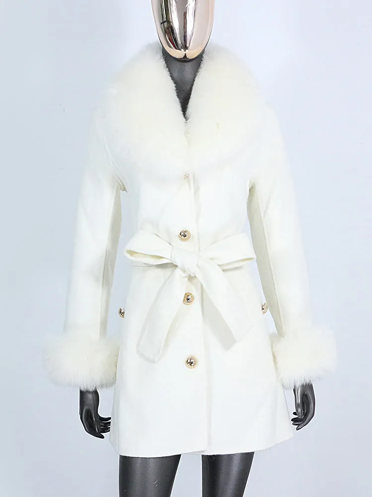 Women's Shawl Collar Fox Fur Wool & Cashmere Coat