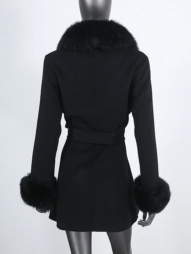 Women's Shawl Collar Fox Fur Wool & Cashmere Coat