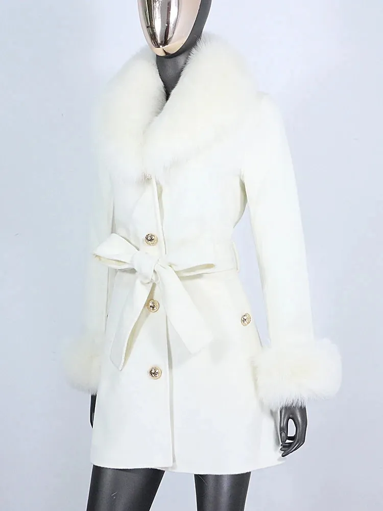 Women's Shawl Collar Fox Fur Wool & Cashmere Coat