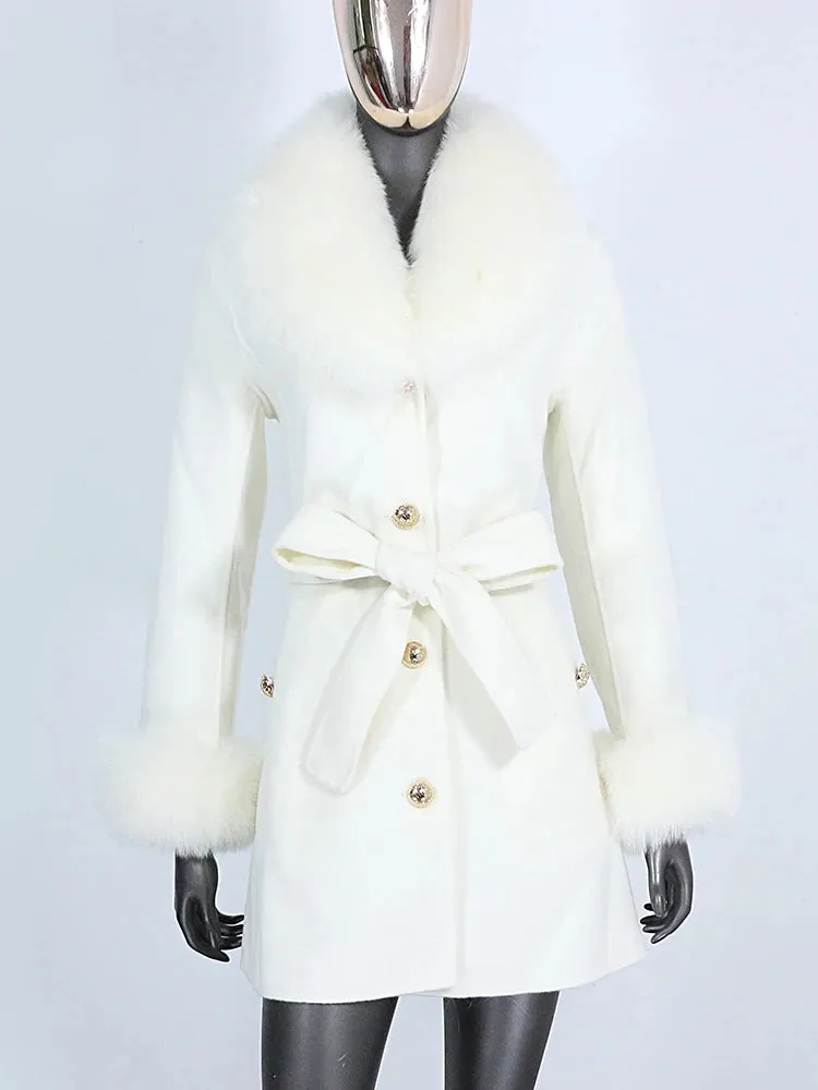 Women's Shawl Collar Fox Fur Wool & Cashmere Coat