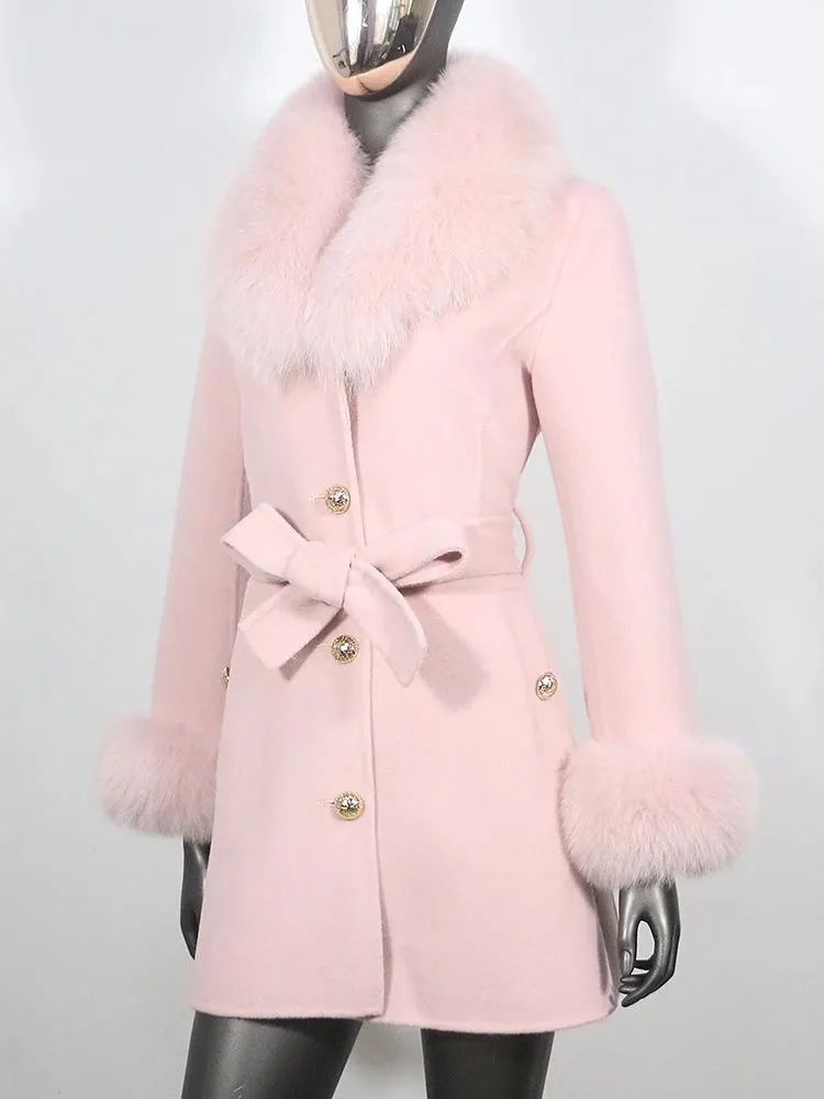 Women's Shawl Collar Fox Fur Wool & Cashmere Coat