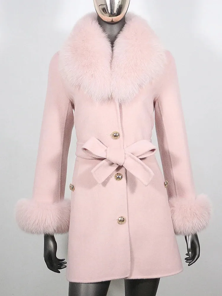 Women's Shawl Collar Fox Fur Wool & Cashmere Coat